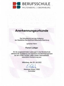 Anerkennungsurkunde Berufsschule Miltenberg-Obernburg